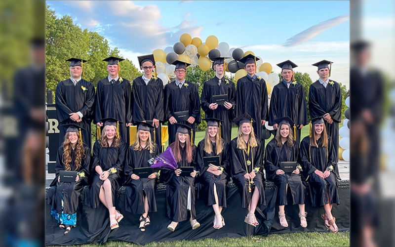 FULL LIST OF GRADUATES (FROM LEFT TO RIGHT): Back Row - Tielar Mahurin, Jacob Gerdes, Jackson Cooper, Clarence D Blankenship, Peyton Rice, Ryan Steinbeck, Charlie Tyree, Jace Ritchie. Front Row - Sarah Woodle, Emma Gerdes, Lauren Gerlemann, Shylee Mahurin, Lesly Gerlemann, Isabella Groner, Maya Sheible, Avery Strubberg.