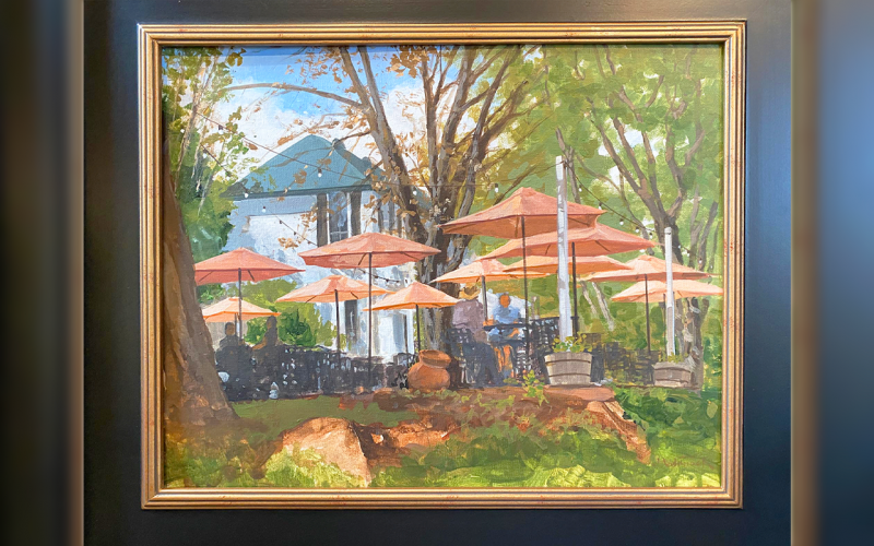 Whytock’s winning painting of umbrellas at Defiance Ridge Winery.
